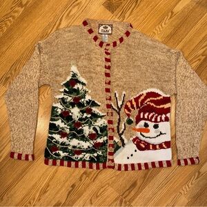 Tiara International tan Holiday Christmas Cardigan Sweater sz XL Snowman Tree‎